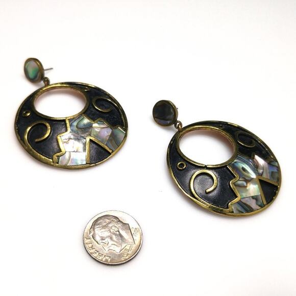 Vintage Mexico Abalone Shell Inlayed Black Enamel Post Earrings, 2 1/4 Inches - Picture 8 of 8